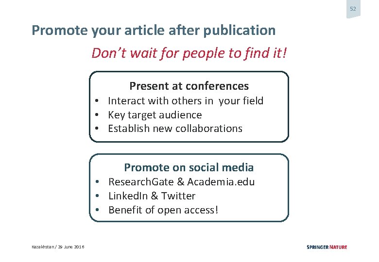 52 Promote your article after publication Don’t wait for people to find it! Present