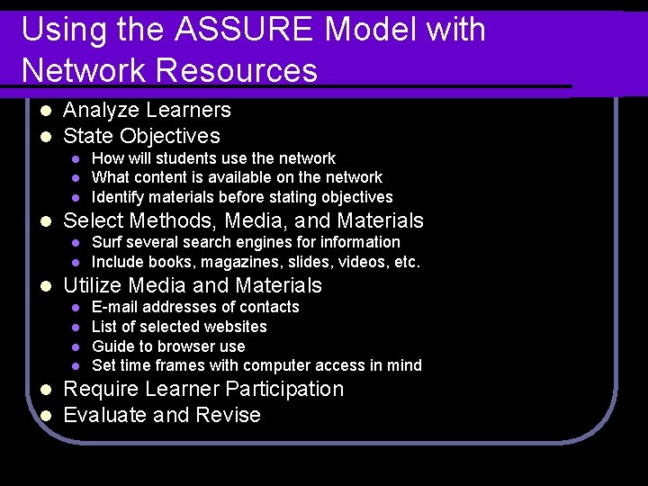 Using the ASSURE Model with Network Resources l l Analyze Learners State Objectives l