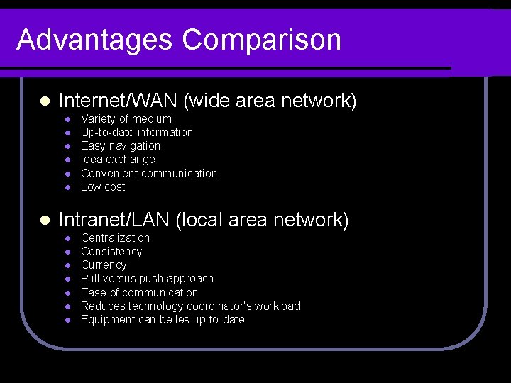 Advantages Comparison l Internet/WAN (wide area network) l l l l Variety of medium