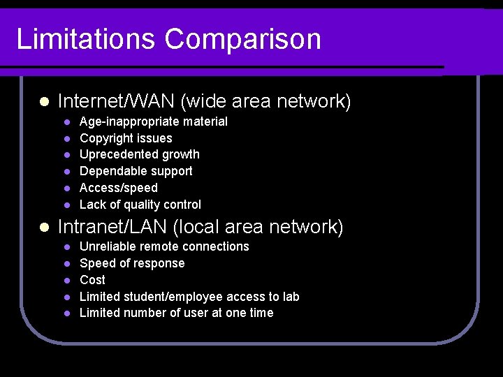 Limitations Comparison l Internet/WAN (wide area network) l l l l Age-inappropriate material Copyright