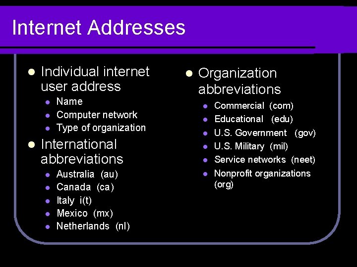 Internet Addresses l Individual internet user address l l Name Computer network Type of