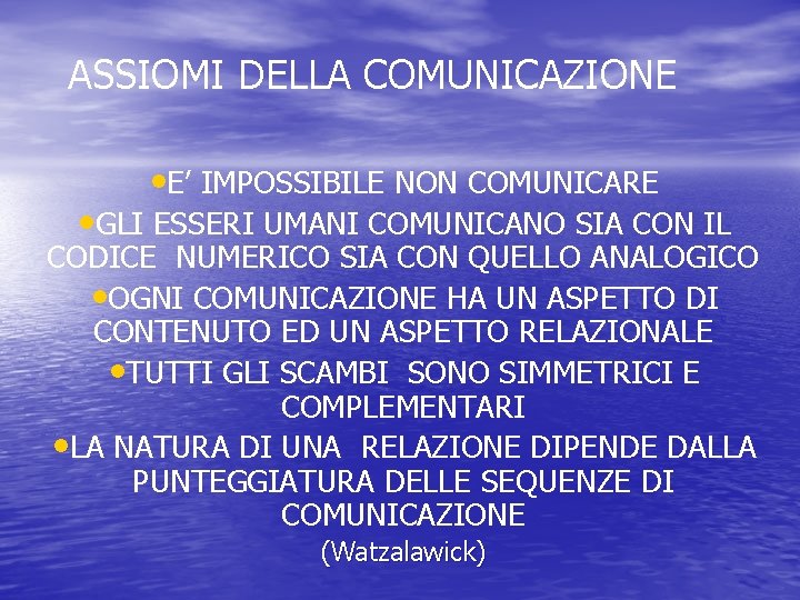 ASSIOMI DELLA COMUNICAZIONE • E’ IMPOSSIBILE NON COMUNICARE • GLI ESSERI UMANI COMUNICANO SIA