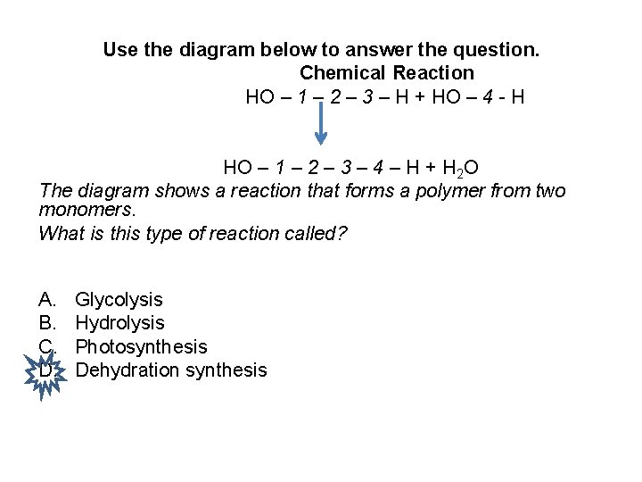 Use the diagram below to answer the question. Chemical Reaction HO – 1 –