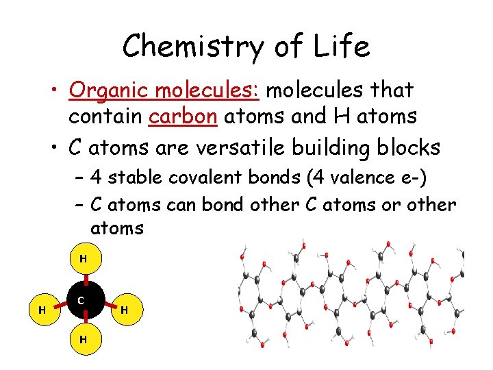 Chemistry of Life • Organic molecules: molecules that contain carbon atoms and H atoms