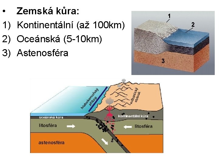  • 1) 2) 3) Zemská kůra: Kontinentální (až 100 km) Oceánská (5 -10