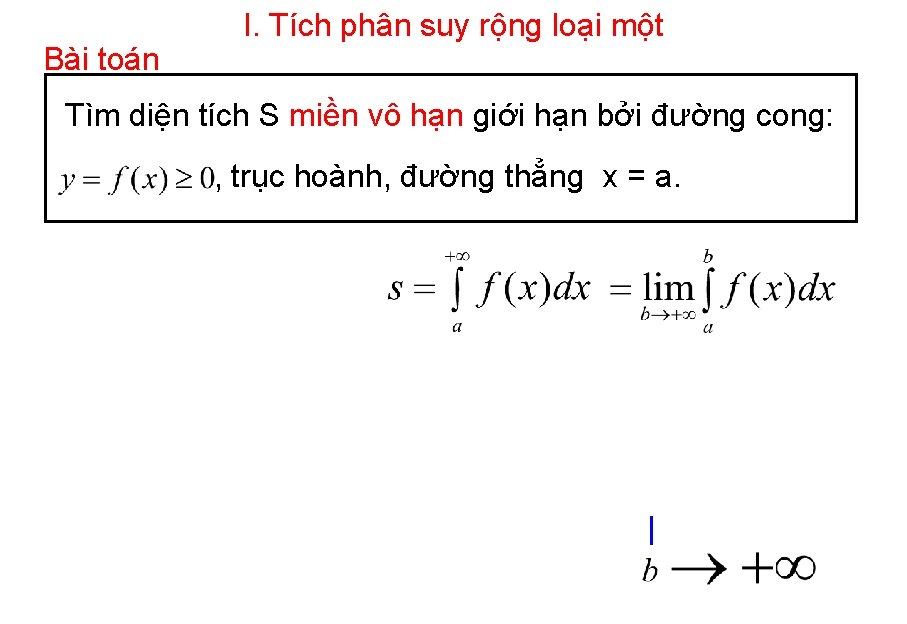 Bài toán I. Tích phân suy rộng loại một Tìm diện tích S miền