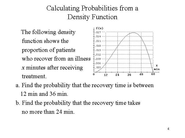 Calculating Probabilities from a Density Function The following density function shows the proportion of
