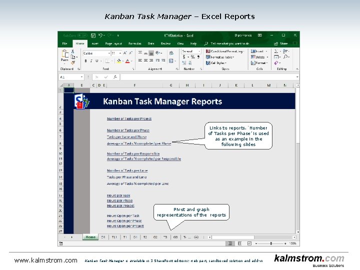 Kanban Task Manager ‒ Excel Reports Links to reports. ‘Number of Tasks per Phase’
