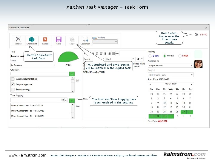 Kanban Task Manager ‒ Task Form Hours open. Hover the time to see details.