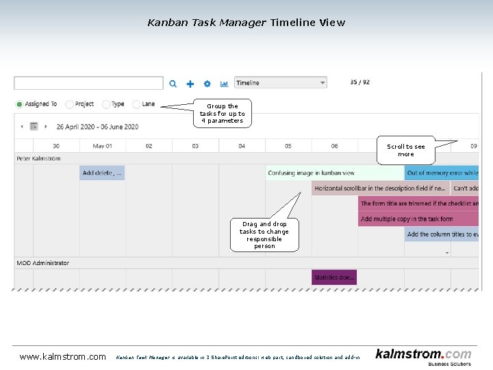 Kanban Task Manager Timeline View Group the tasks for up to 4 parameters Scroll