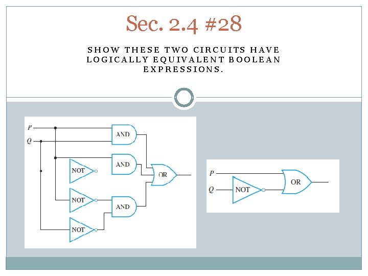 Sec. 2. 4 #28 SHOW THESE TWO CIRCUITS HAVE LOGICALLY EQUIVALENT BOOLEAN EXPRESSIONS. 