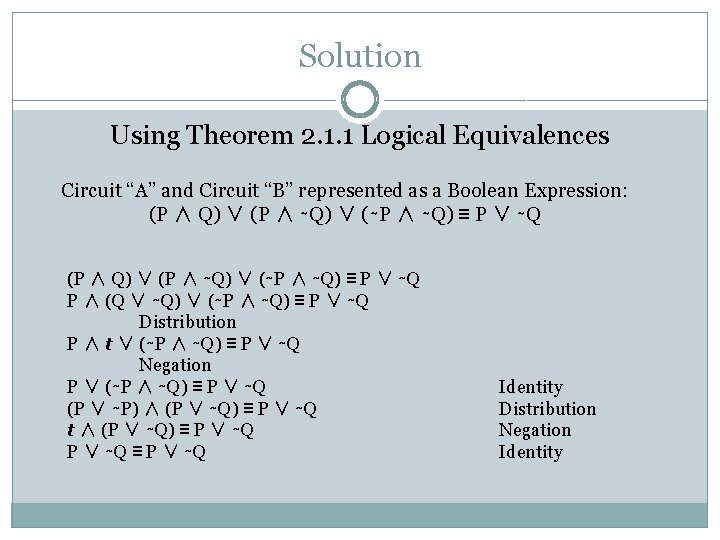 Solution Using Theorem 2. 1. 1 Logical Equivalences Circuit “A” and Circuit “B” represented