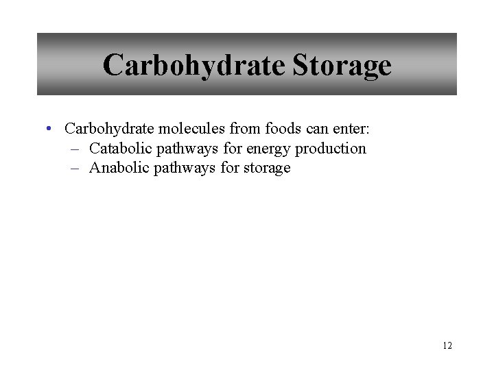 Carbohydrate Storage • Carbohydrate molecules from foods can enter: – Catabolic pathways for energy
