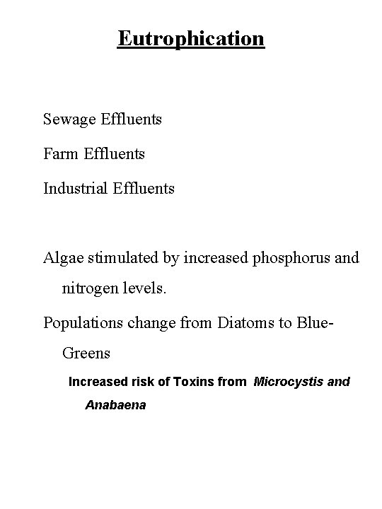 Eutrophication Sewage Effluents Farm Effluents Industrial Effluents Algae stimulated by increased phosphorus and nitrogen