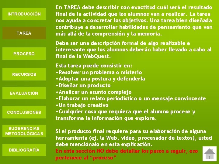 INTRODUCCIÓN TAREA PROCESO RECURSOS EVALUACIÓN CONCLUSIONES SUGERENCIAS METODOLÓGICAS BIBLIOGRAFÍA En TAREA debe describir con