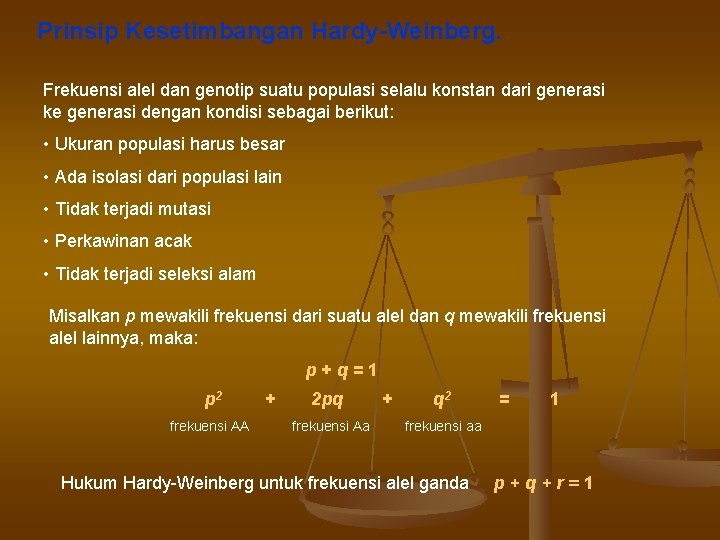 Prinsip Kesetimbangan Hardy-Weinberg. Frekuensi alel dan genotip suatu populasi selalu konstan dari generasi ke