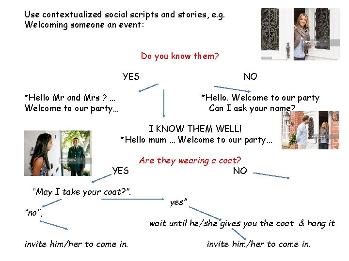 Use contextualized social scripts and stories, e. g. Welcoming someone an event: Do you