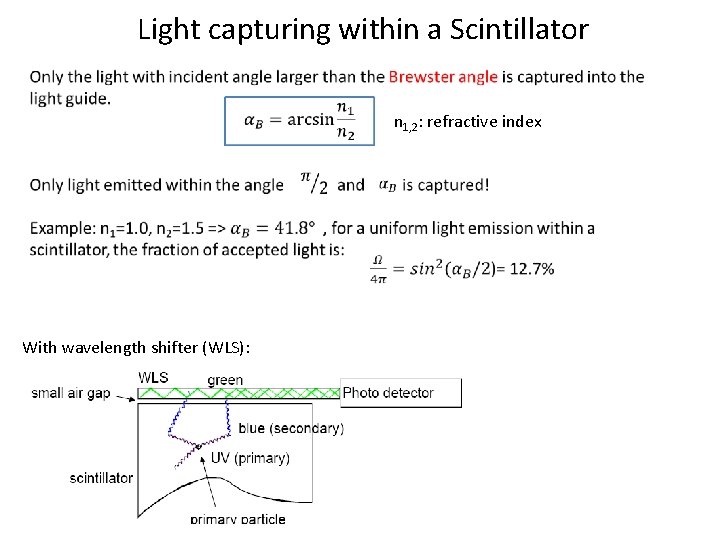 Light capturing within a Scintillator n 1, 2: refractive index With wavelength shifter (WLS):