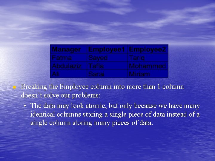 n Breaking the Employee column into more than 1 column doesn’t solve our problems: