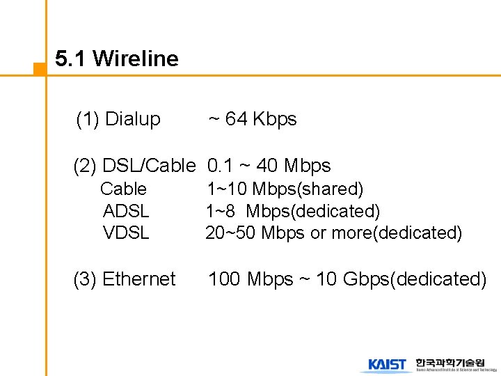 5. 1 Wireline (1) Dialup ~ 64 Kbps (2) DSL/Cable 0. 1 ~ 40