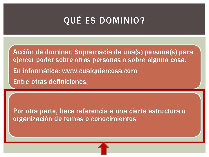 QUÉ ES DOMINIO? Acción de dominar. Supremacía de una(s) persona(s) para ejercer poder sobre