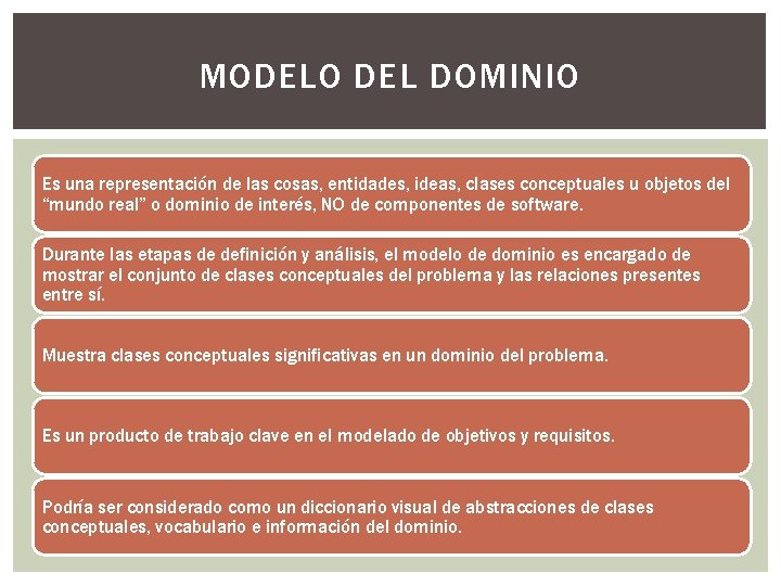 MODELO DEL DOMINIO Es una representación de las cosas, entidades, ideas, clases conceptuales u