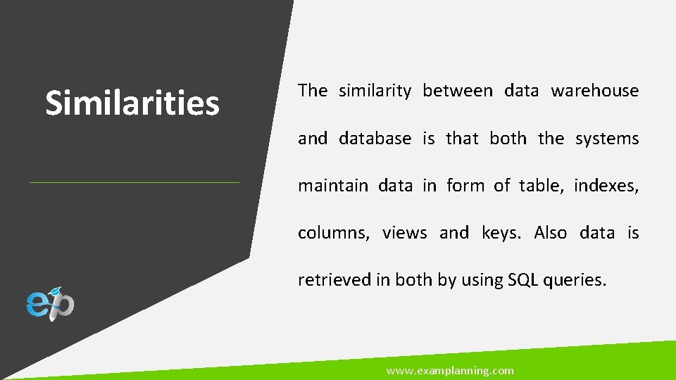 Similarities The similarity between data warehouse and database is that both the systems maintain