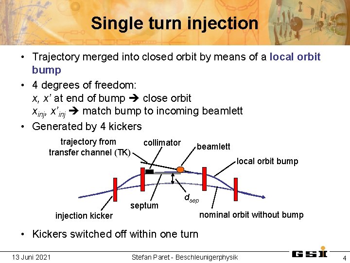 Single turn injection • Trajectory merged into closed orbit by means of a local