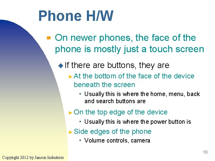 Phone H/W ▀ On newer phones, the face of the phone is mostly just