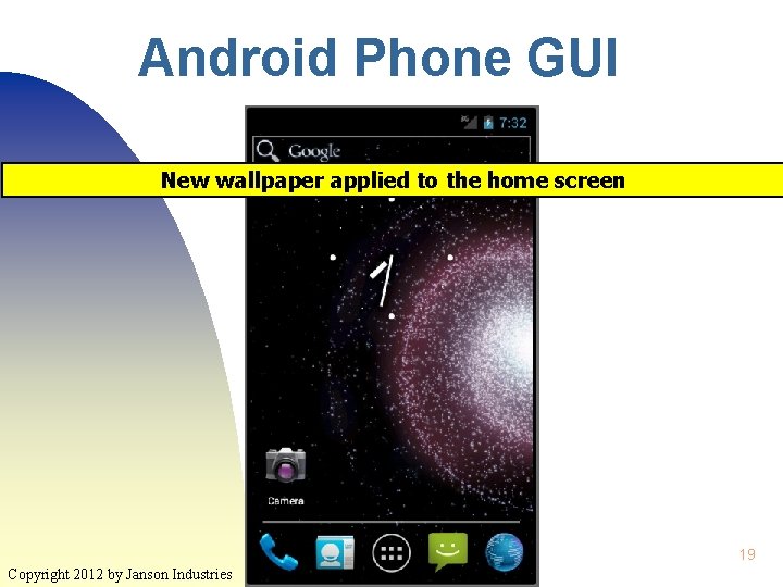 Android Phone GUI New wallpaper applied to the home screen 19 Copyright 2012 by