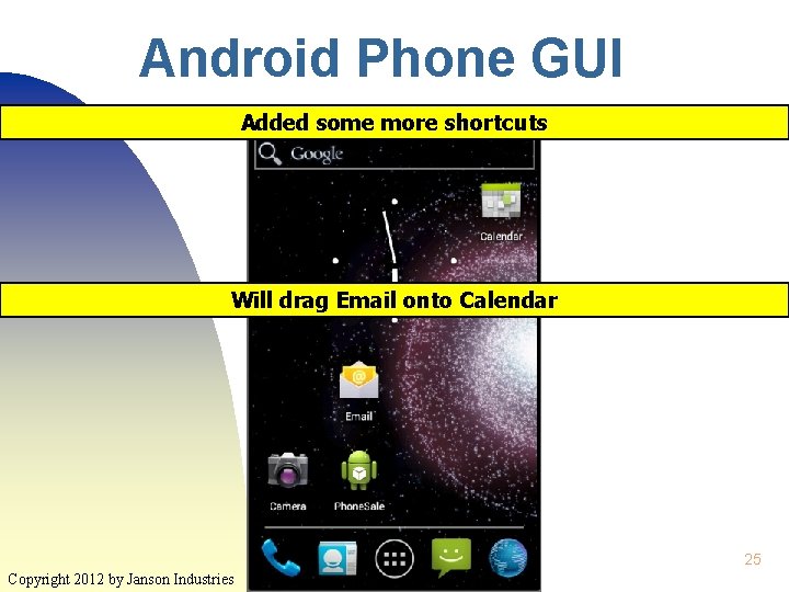 Android Phone GUI Added some more shortcuts Will drag Email onto Calendar 25 Copyright