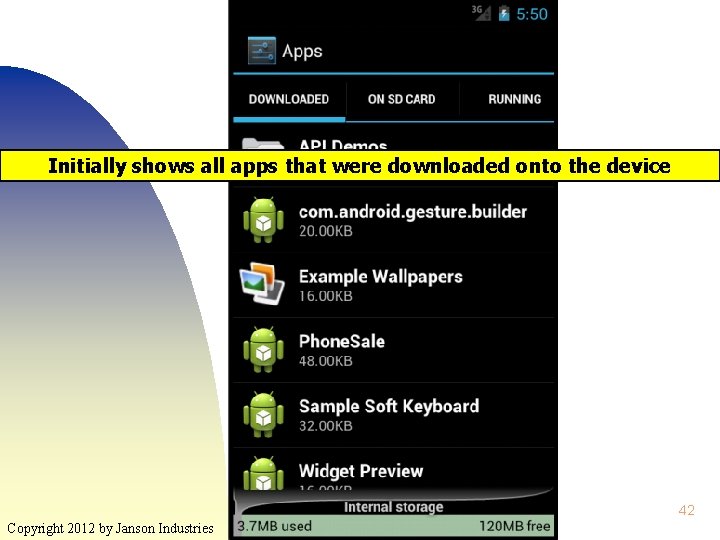 Initially shows all apps that were downloaded onto the device 42 Copyright 2012 by