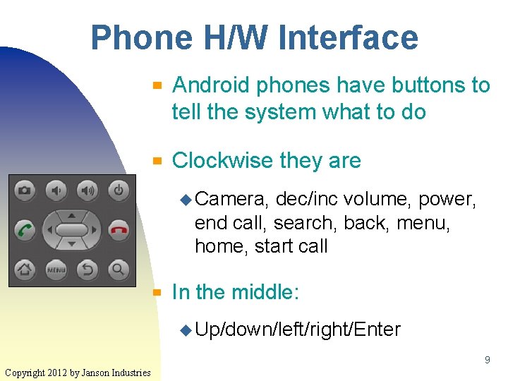 Phone H/W Interface ▀ ▀ Android phones have buttons to tell the system what