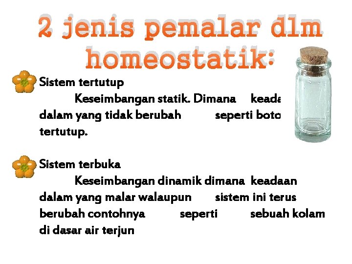 2 jenis pemalar dlm homeostatik: Sistem tertutup Keseimbangan statik. Dimana keadaan dalam yang tidak