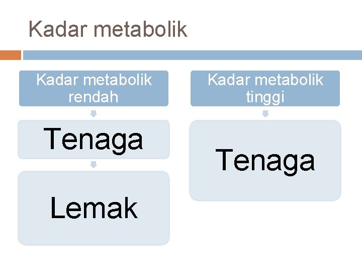 Kadar metabolik rendah Tenaga Lemak Kadar metabolik tinggi Tenaga 