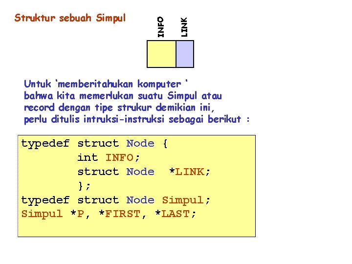 LINK INFO Struktur sebuah Simpul Untuk ‘memberitahukan komputer ‘ bahwa kita memerlukan suatu Simpul