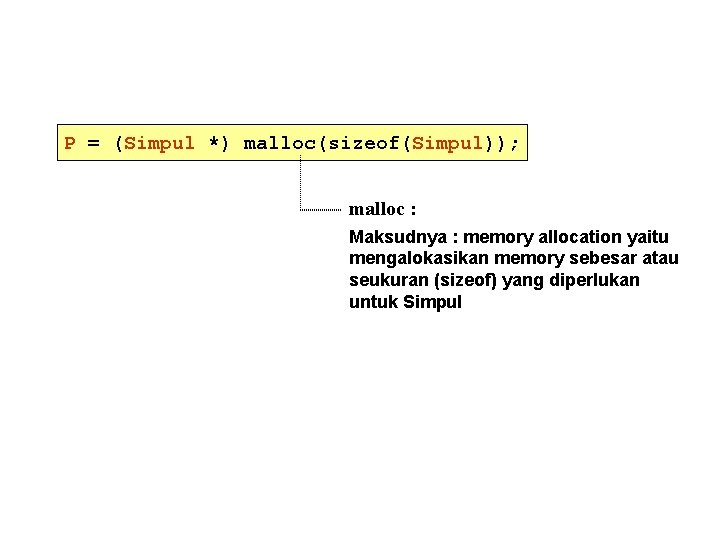P = (Simpul *) malloc(sizeof(Simpul)); malloc : Maksudnya : memory allocation yaitu mengalokasikan memory