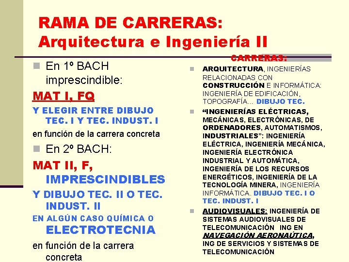 RAMA DE CARRERAS: Arquitectura e Ingeniería II n En 1º BACH CARRERAS: n imprescindible: