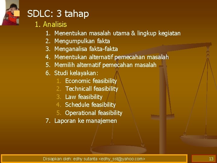 n SDLC: 3 tahap 1. Analisis 1. 2. 3. 4. 5. 6. Menentukan masalah