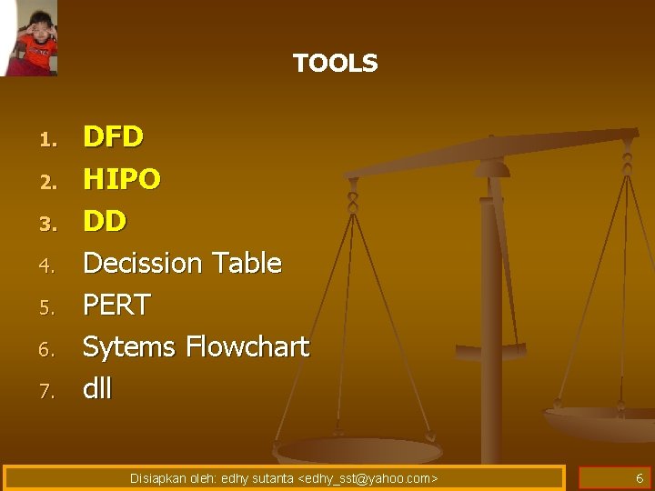 TOOLS 1. 2. 3. 4. 5. 6. 7. DFD HIPO DD Decission Table PERT