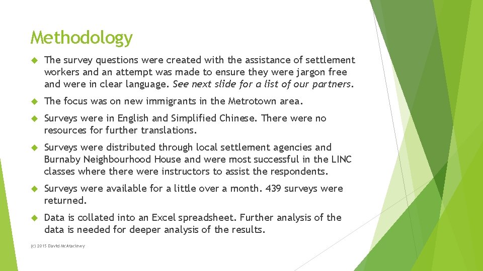 Methodology The survey questions were created with the assistance of settlement workers and an