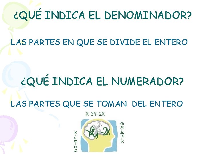 ¿QUÉ INDICA EL DENOMINADOR? LAS PARTES EN QUE SE DIVIDE EL ENTERO ¿QUÉ INDICA