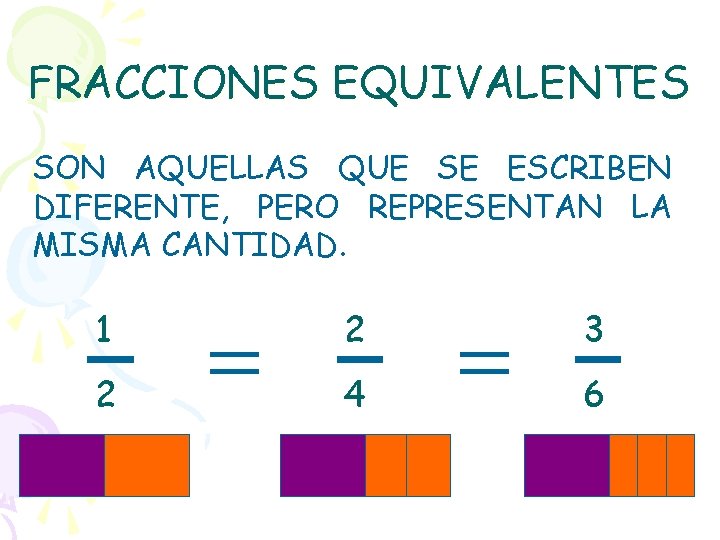 FRACCIONES EQUIVALENTES SON AQUELLAS QUE SE ESCRIBEN DIFERENTE, PERO REPRESENTAN LA MISMA CANTIDAD. 1