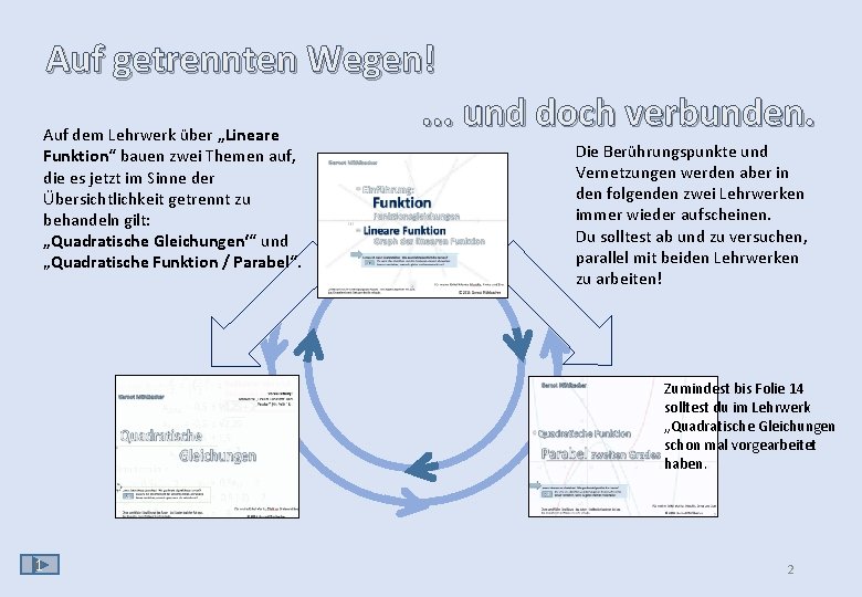 Auf getrennten Wegen!. . . und doch verbunden. Auf dem Lehrwerk über „Lineare Funktion“