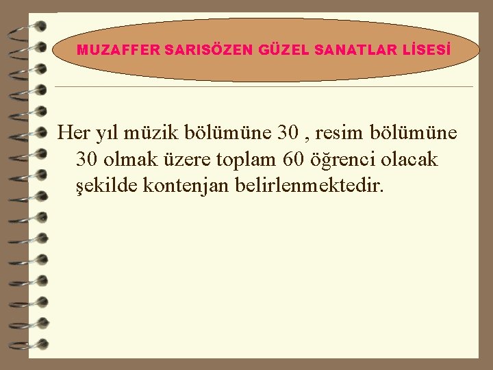 MUZAFFER SARISÖZEN GÜZEL SANATLAR LİSESİ Her yıl müzik bölümüne 30 , resim bölümüne 30