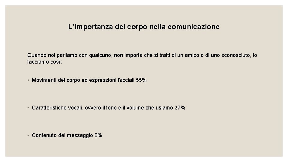 L’importanza del corpo nella comunicazione Quando noi parliamo con qualcuno, non importa che si