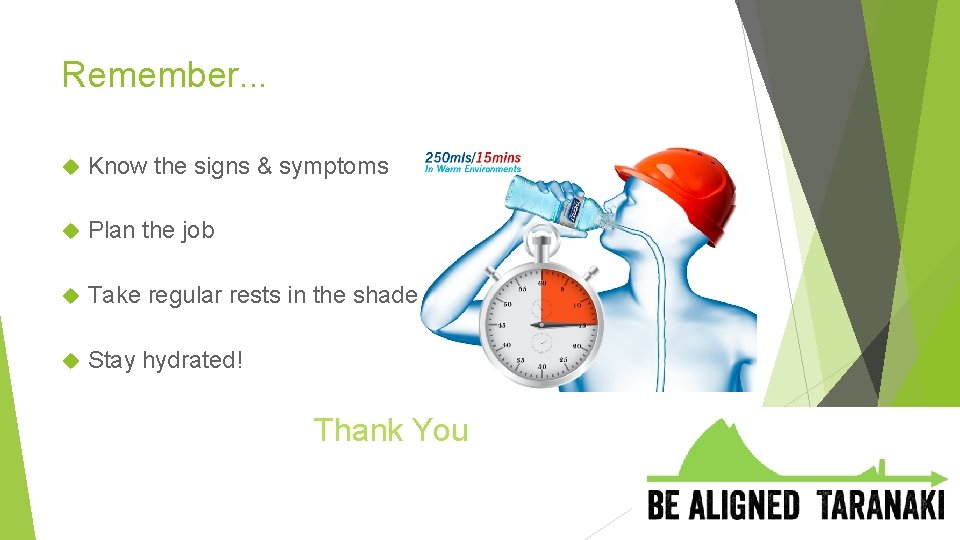 Remember. . . Know the signs & symptoms Plan the job Take regular rests