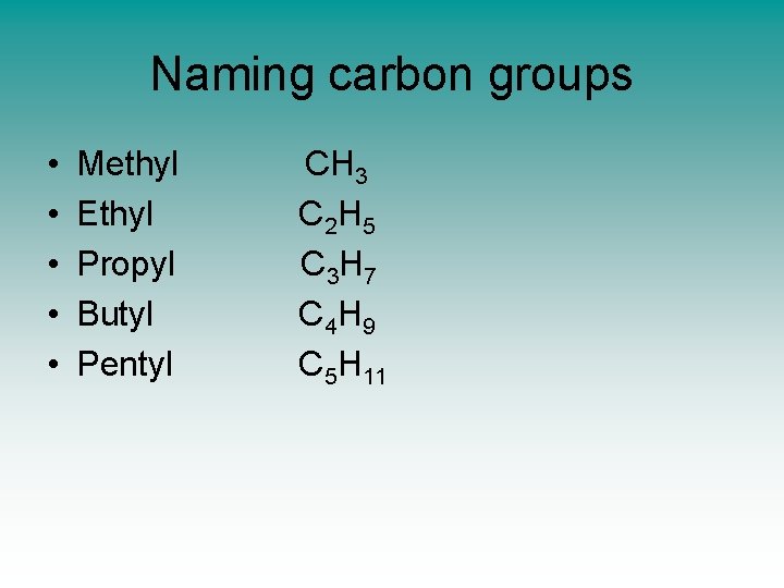 Naming carbon groups • • • Methyl Ethyl Propyl Butyl Pentyl CH 3 C