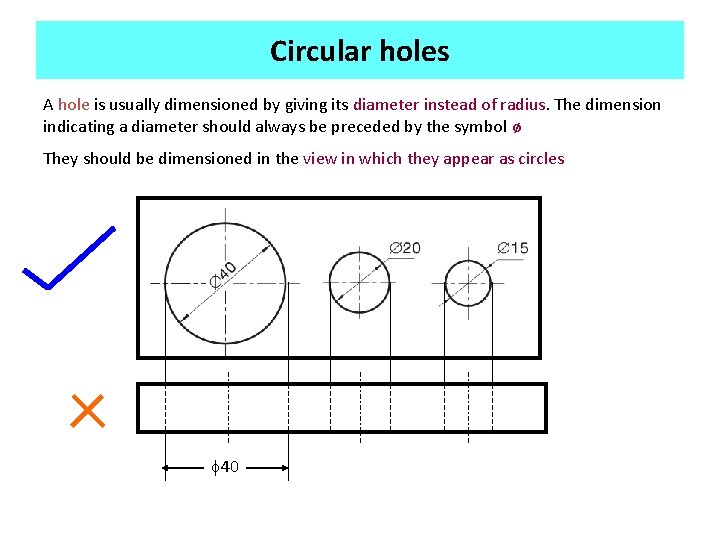 Circular holes A hole is usually dimensioned by giving its diameter instead of radius.