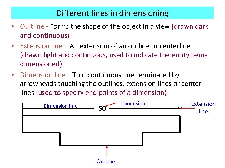 Different lines in dimensioning • Oultline - Forms the shape of the object in